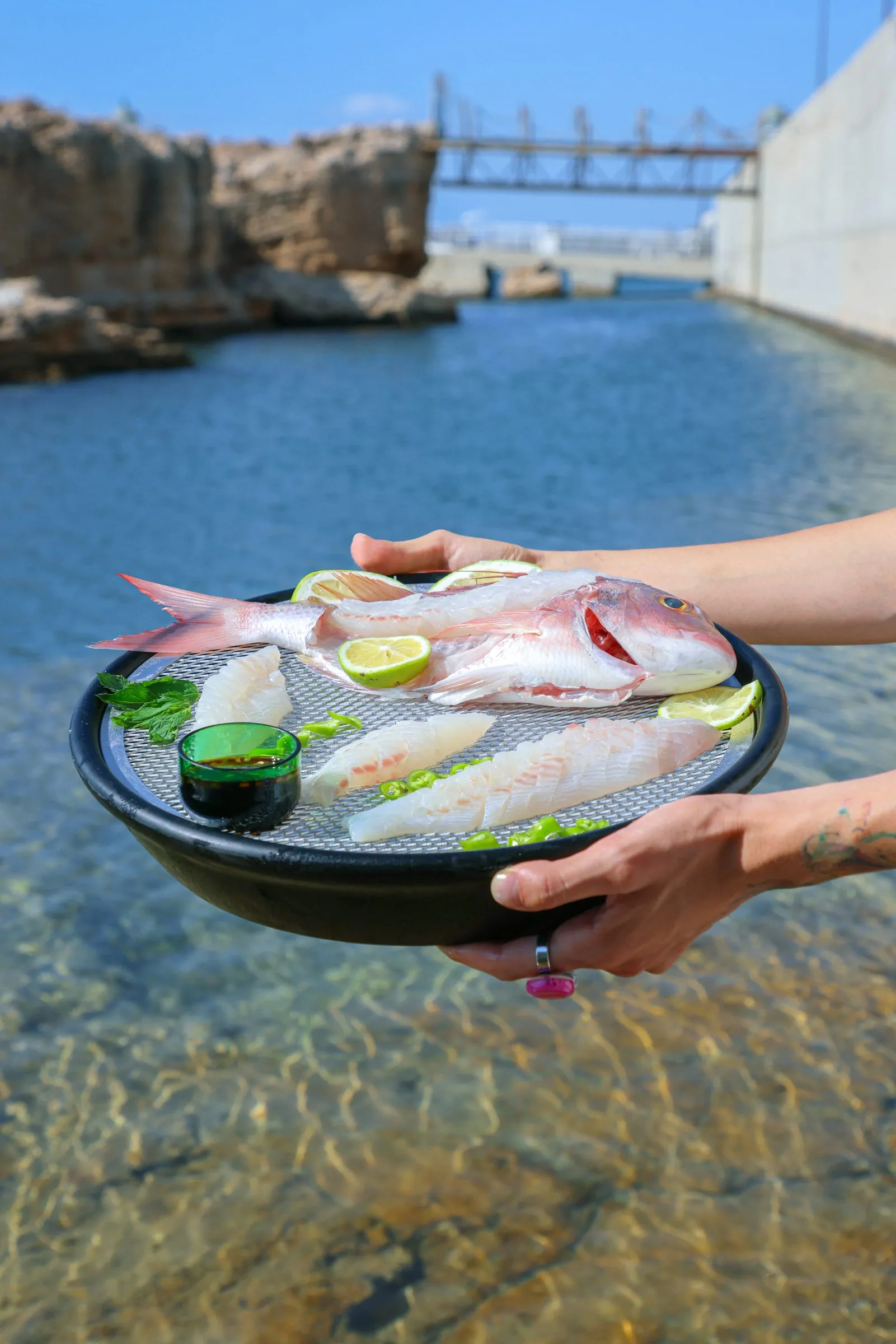 A plate of fresh fish with lime held over the water at Batroun Mina